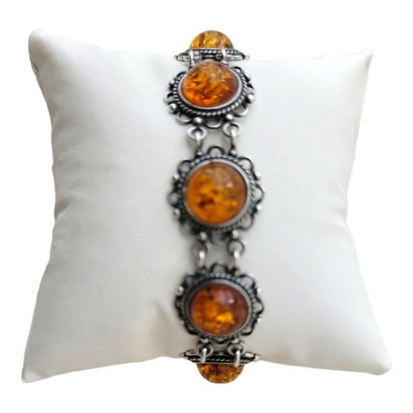 Jewelry - Honey Amber Bracelet - Fine Silver Filigree Boho Festival Hippie Orange Gemstone